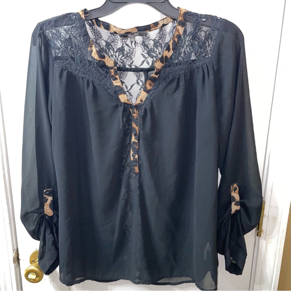 Y2K STYLE MISS ME BLACK SHEER BLOUSE LACE LEOPARD TRIM V-NECK ROLL-TAB SLEEVE